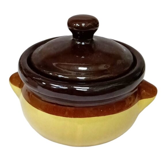 Vintage Lidded Stoneware Tri-Tone Bean Pots / French Onion Soup Pots Lot of 3 - Picture 4 of 7